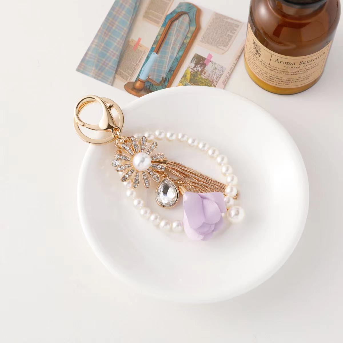 Wholesale Tassel Pearl Beads Rhinestone Sunflower Keychain